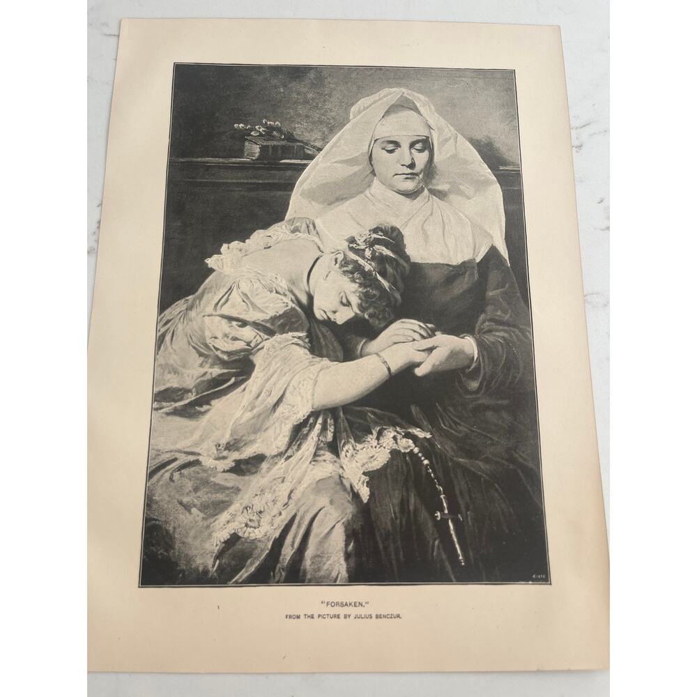 Forsaken, Julius Benczur, Nun Comforting a Lady, Book Page, 1888, Woodcut Print